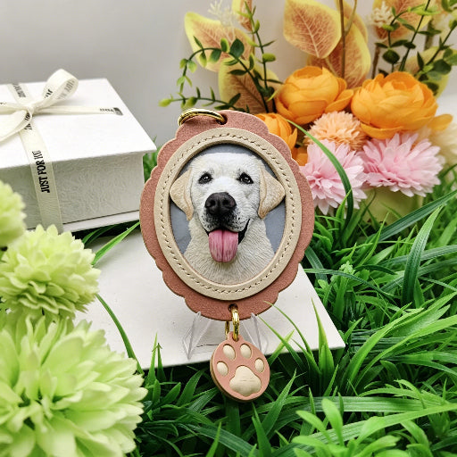 Scalloped Hand-Carved Leather, custom pet portrait keychain, personalized leather key fob, pet keepsake pendant