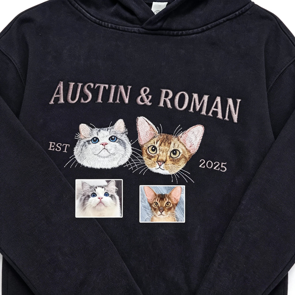 Custom Embroidered Cotton Fleece Hoodie: Hand-Stitched Pet Portrait Sweatshirt, Unique Personalized Gift for Dog & Cat Lovers