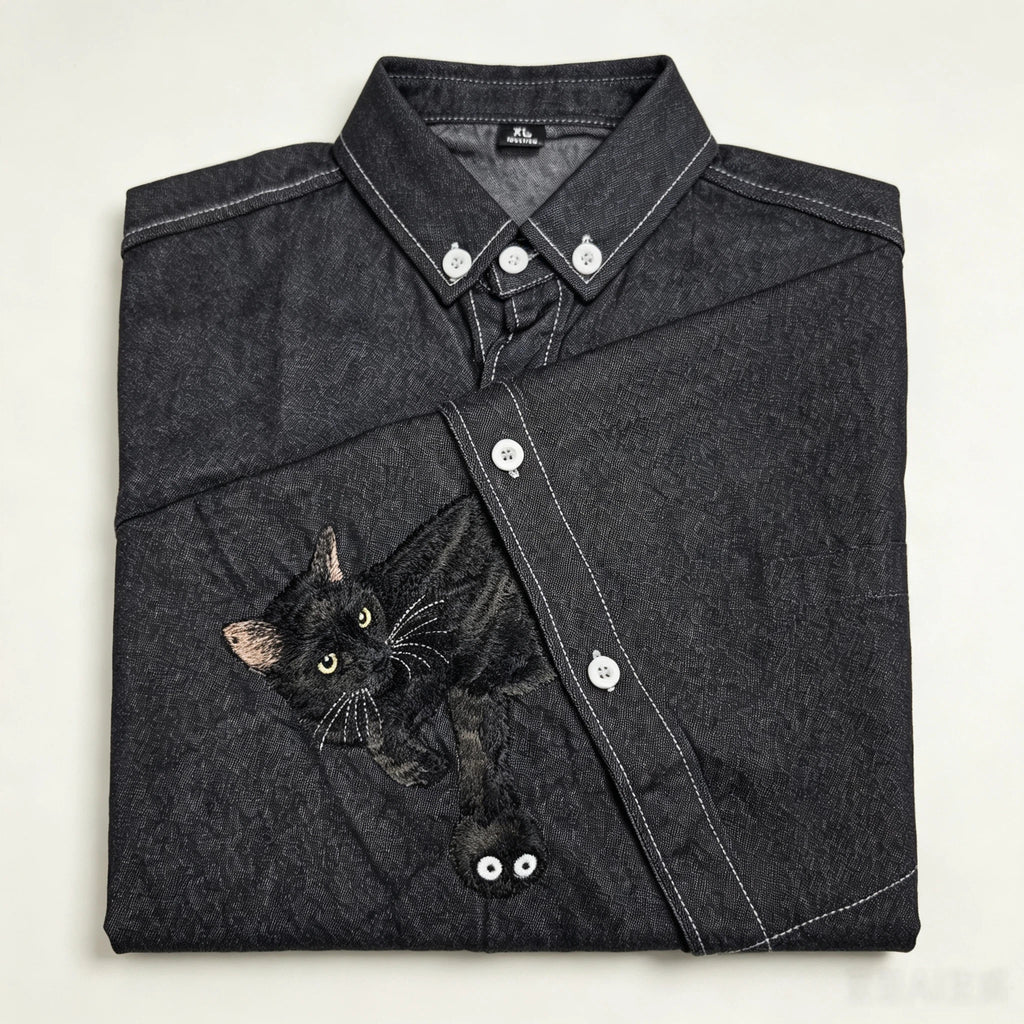 Custom Pet Long-Sleeve Denim Shirt: Featuring a hand-sewn portrait on washed denim, customized from your pet's photo. A perfect way to wear your furry bestie with you everywhere.