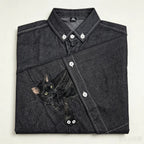 Custom Pet Long-Sleeve Denim Shirt: Featuring a hand-sewn portrait on washed denim, customized from your pet's photo. A perfect way to wear your furry bestie with you everywhere.