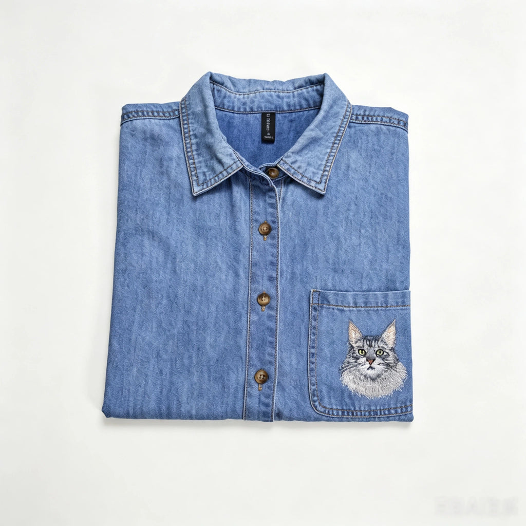 Custom Pet Casual Short-Sleeve Shirt: Hand-Embroidered Denim Shirt from Pet Photo, Pet Memorial Casual Denim Top