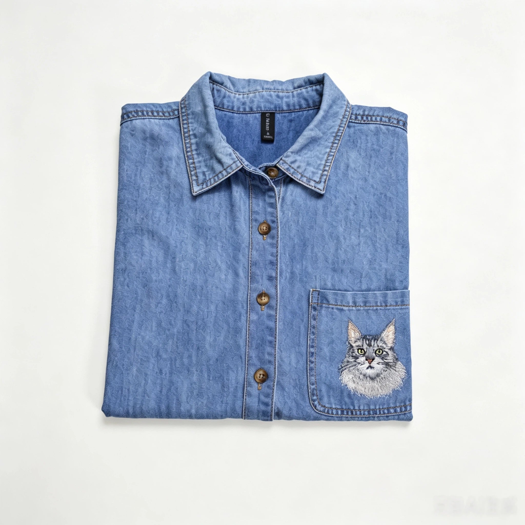 Custom Pet Casual Short-Sleeve Shirt: Hand-Embroidered Denim Shirt from Pet Photo, Pet Memorial Casual Denim Top