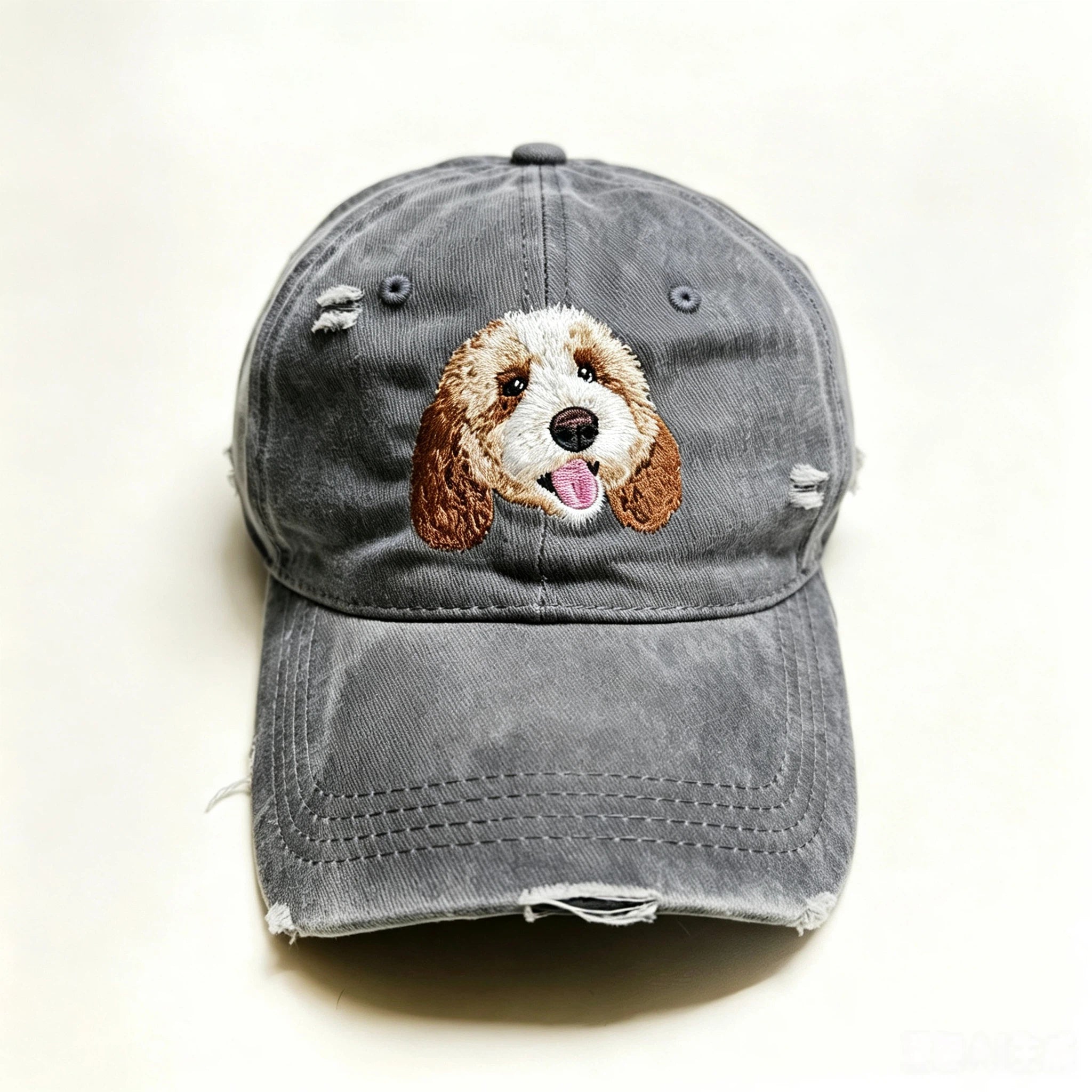 Distressed Ripped Baseball Cap: Hand-Sewn Pet Portrait, Soft Washed Cotton Unisex Dad Hat, Pet Memorial Everyday Cap