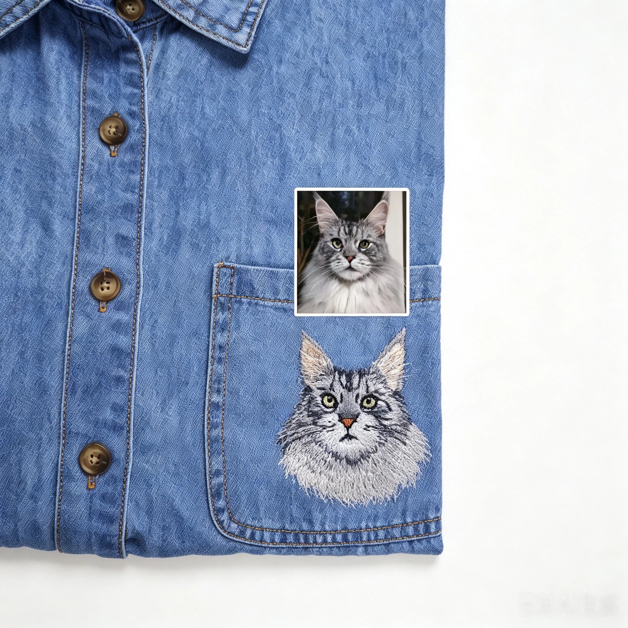 Custom Pet Casual Short-Sleeve Shirt: Hand-Embroidered Denim Shirt from Pet Photo, Pet Memorial Casual Denim Top
