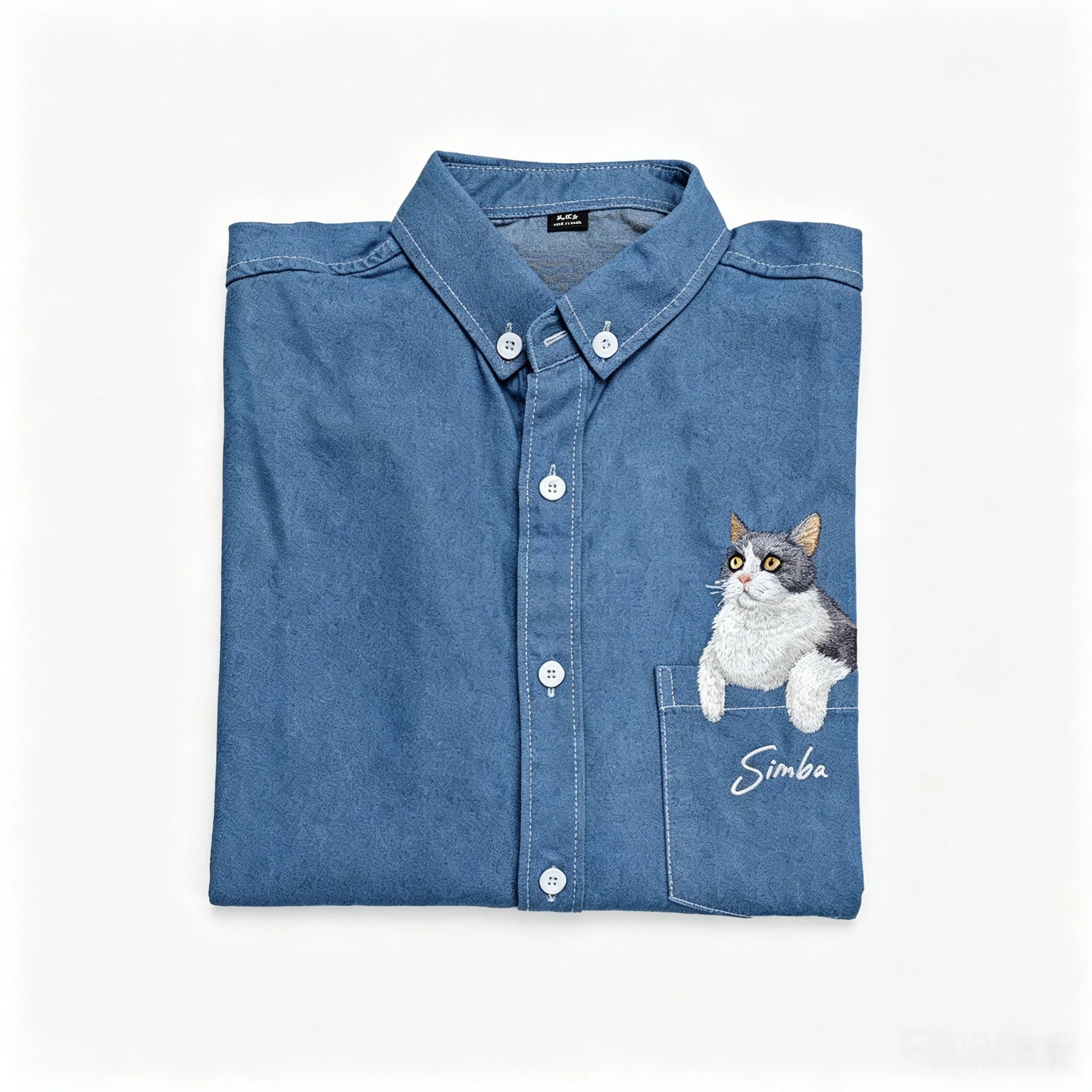 Custom Pet Casual Short-Sleeve Shirt: Hand-Embroidered Denim Shirt from Pet Photo, Pet Memorial Casual Denim Top