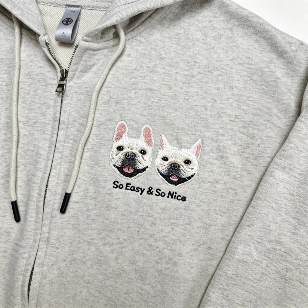 Zip-Up Hoodie: Hand-stitched pet portraits. Fully customized from your pet's real photos. The delicate stitching perfectly captures your furry friend's unique gaze, fur texture, and facial features—wear your cherished memories.