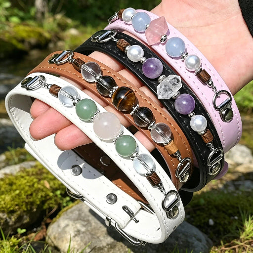 Healing Crystal Pet Collar | Adjustable Eco-Leather Dog & Cat Collar for Small/Medium Pets (4 Colors)