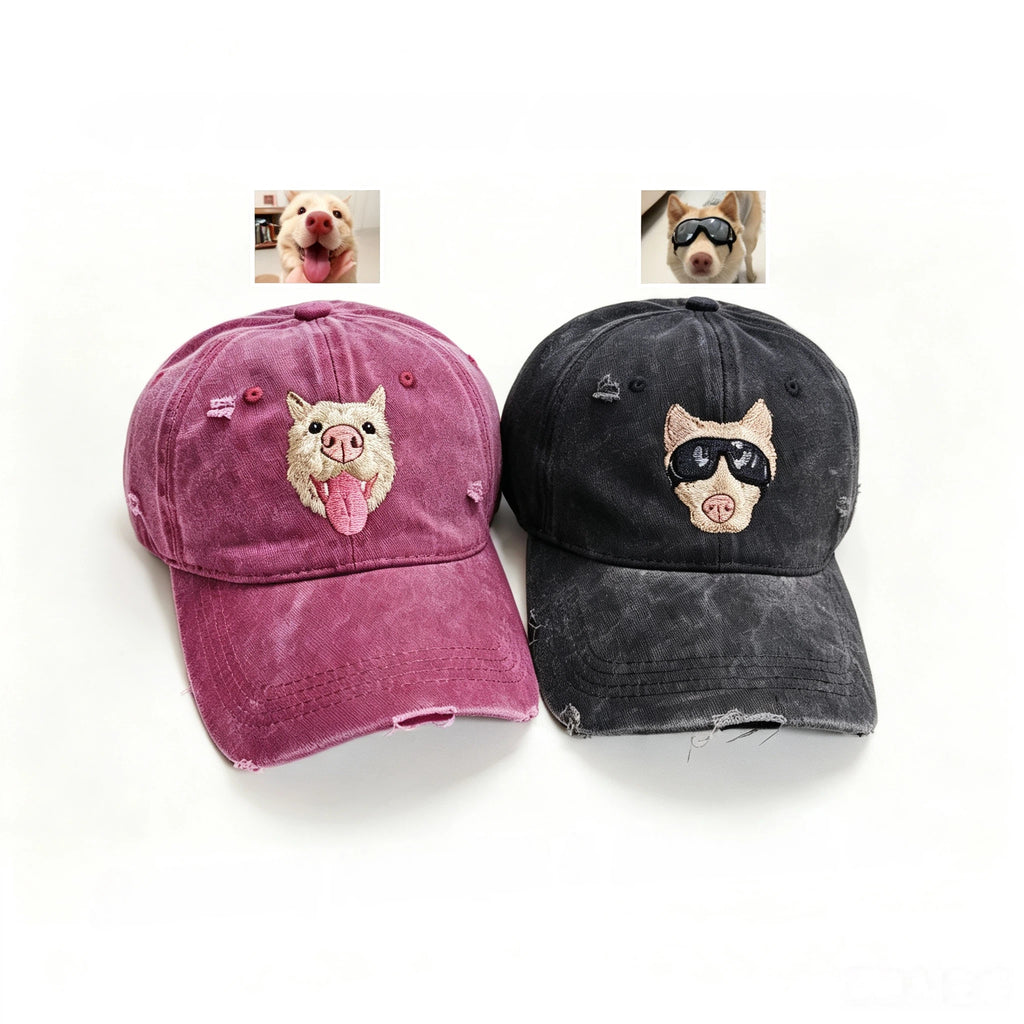 Distressed Ripped Baseball Cap: Hand-Sewn Pet Portrait, Soft Washed Cotton Unisex Dad Hat, Pet Memorial Everyday Cap