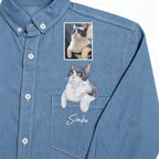 Custom Pet Long-Sleeve Denim Shirt: Featuring a hand-sewn portrait on washed denim, customized from your pet's photo. A perfect way to wear your furry bestie with you everywhere.