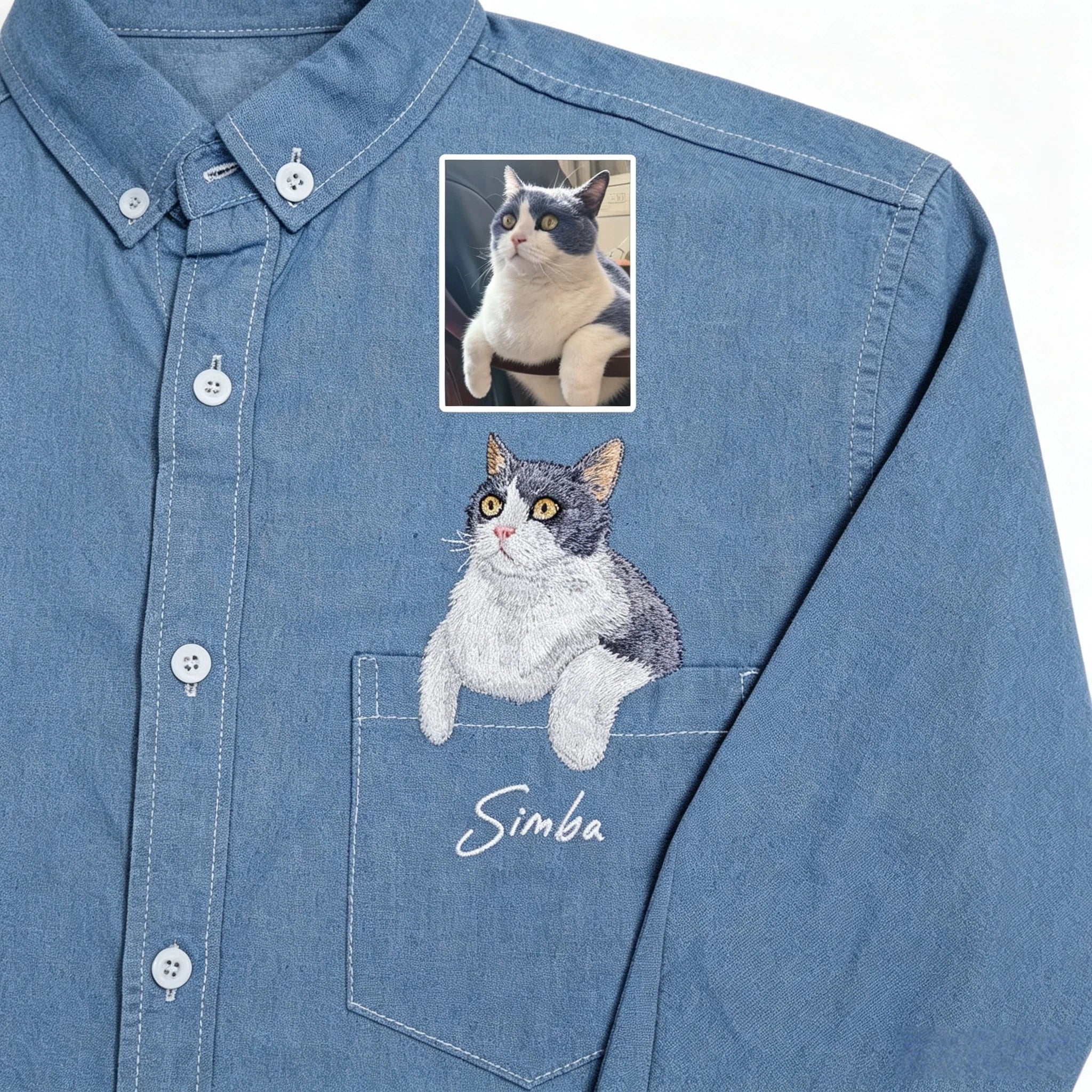 Custom Pet Long-Sleeve Denim Shirt: Featuring a hand-sewn portrait on washed denim, customized from your pet's photo. A perfect way to wear your furry bestie with you everywhere.