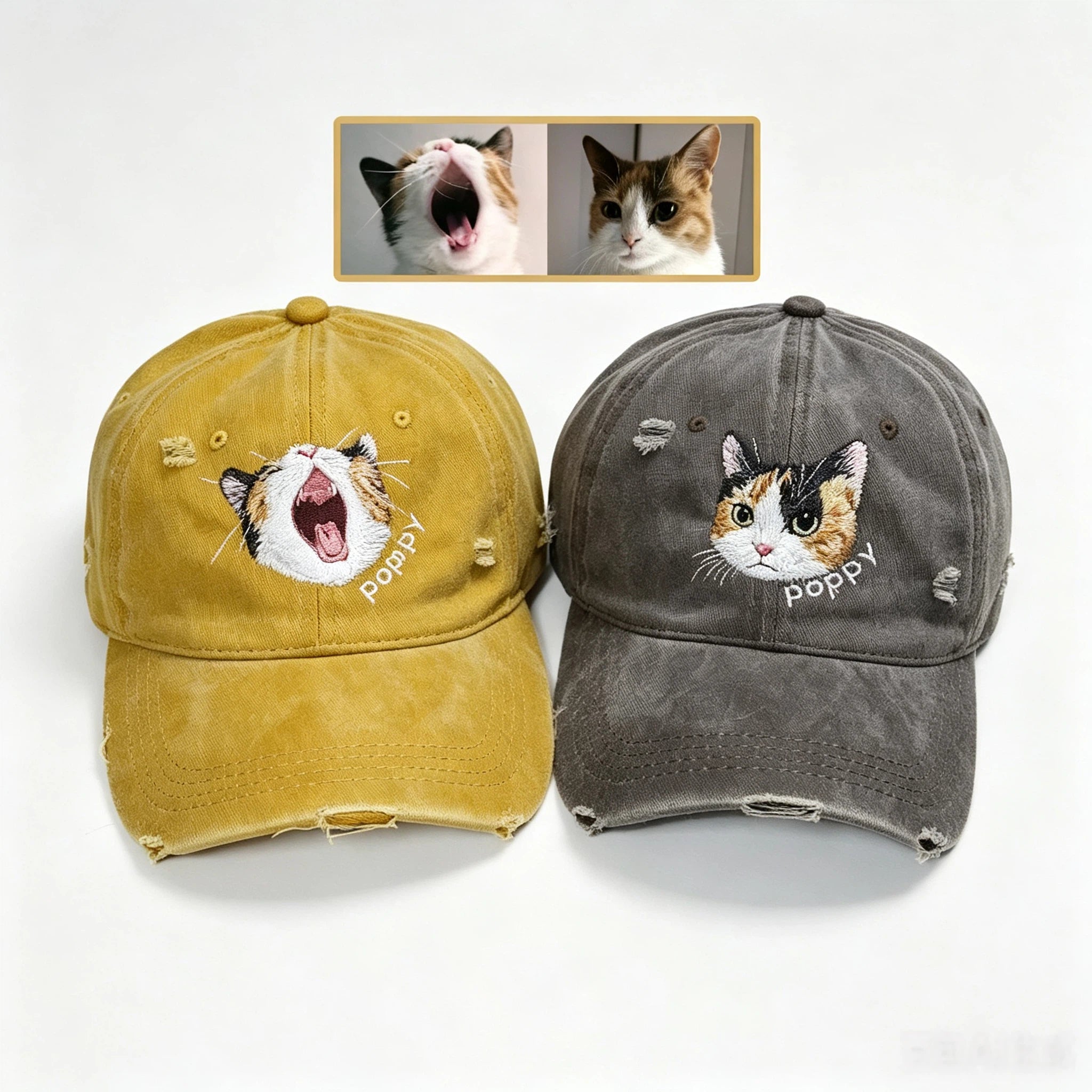 Distressed Ripped Baseball Cap: Hand-Sewn Pet Portrait, Soft Washed Cotton Unisex Dad Hat, Pet Memorial Everyday Cap