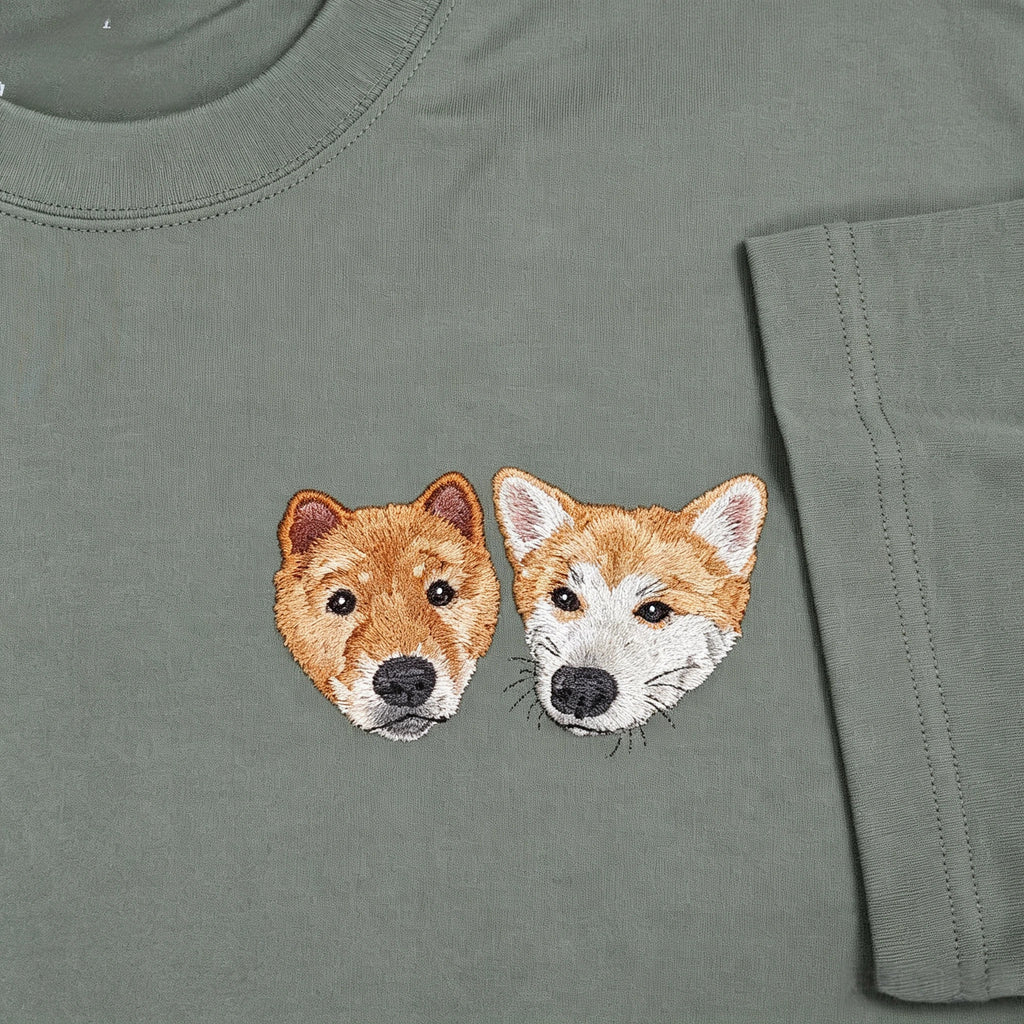 Drop shoulder T-shirt：Heartfelt Pure Cotton Short-Sleeve T-Shirt with Custom Pet Embroidery. Featuring exquisite, hand-stitched pet portraits, this is the perfect birthday or holiday gift for any pet lover.