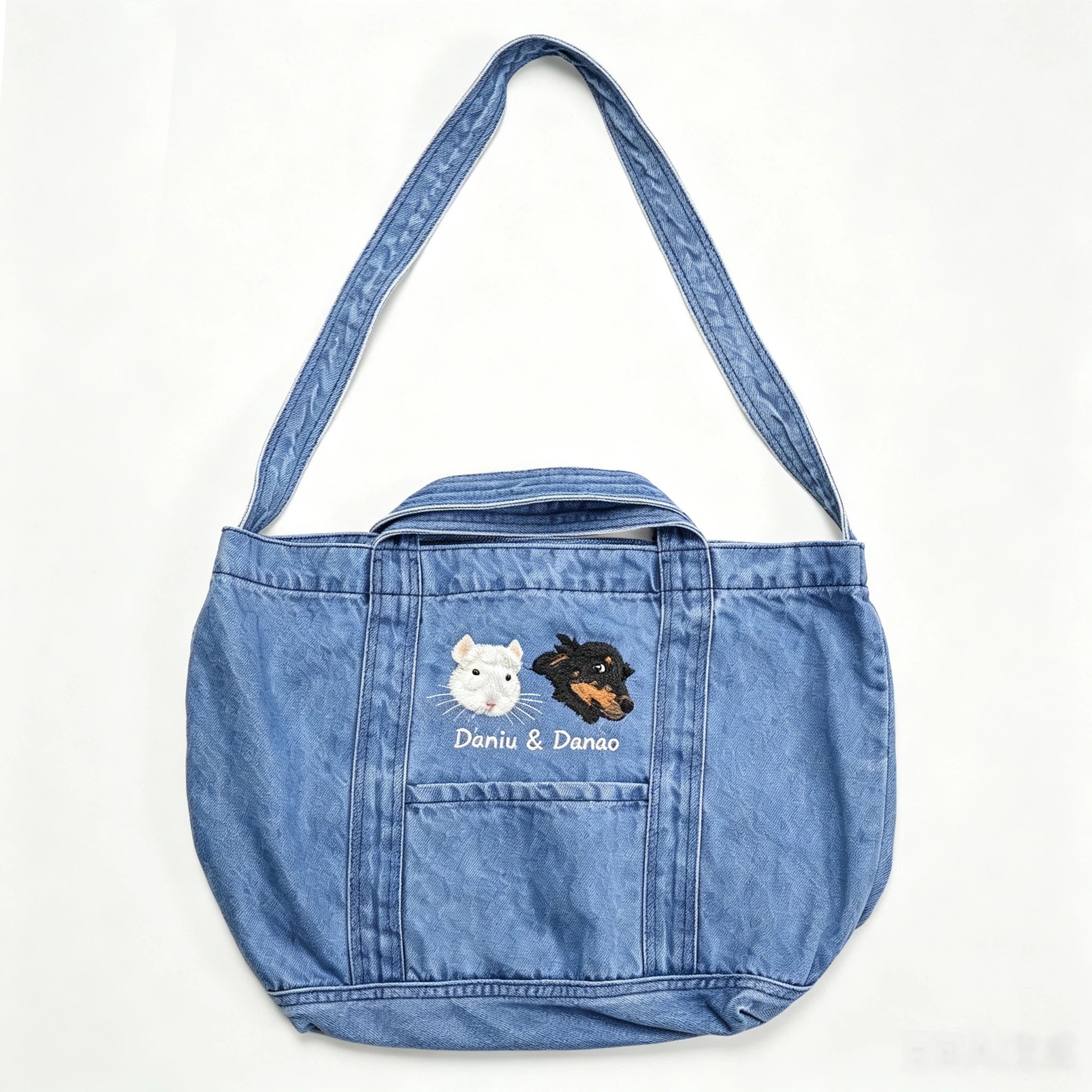 Denim Crossbody Bag: Upload your pet's photo for a custom embroidered bag! A soft, washed denim crossbody perfect for casual shopping.