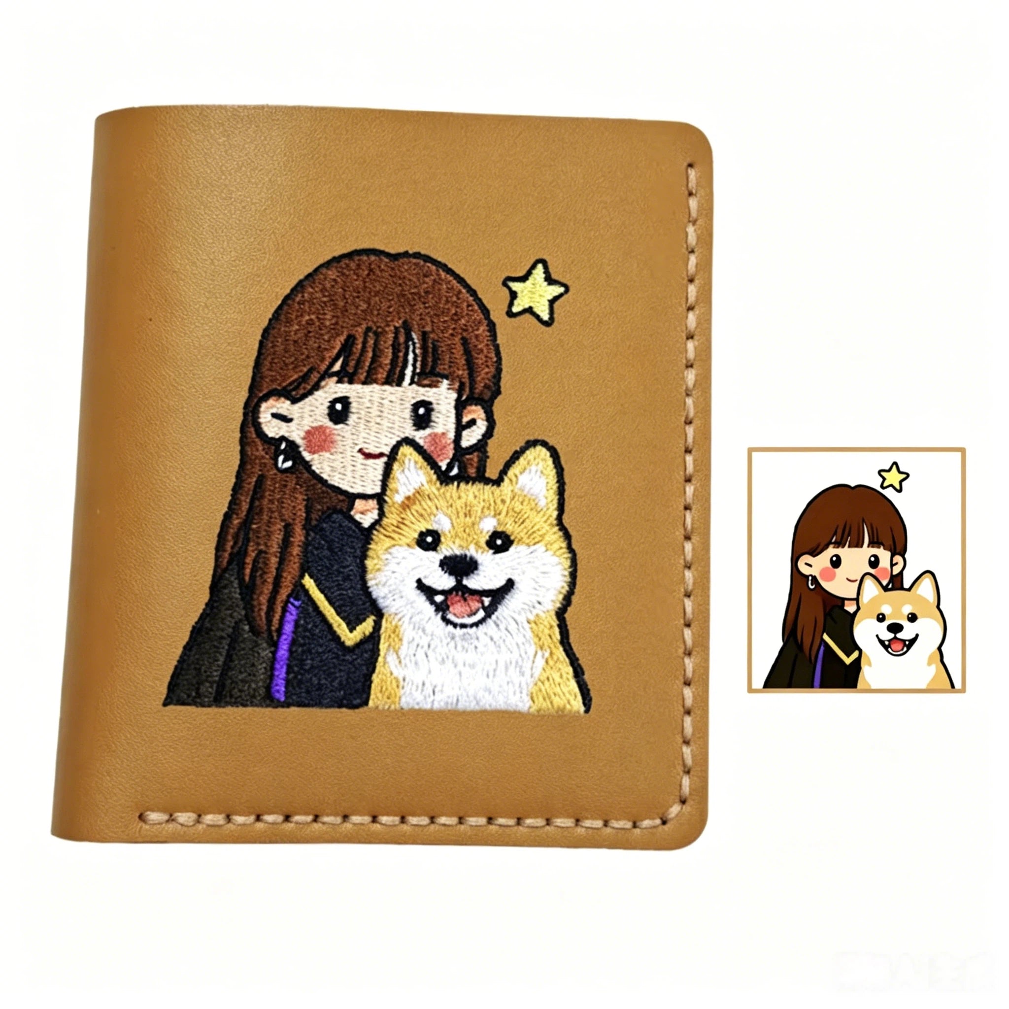 Personalized Pet Photo Embroidery Genuine Leather Wallet | Handmade Memory Gift for Pet Owners