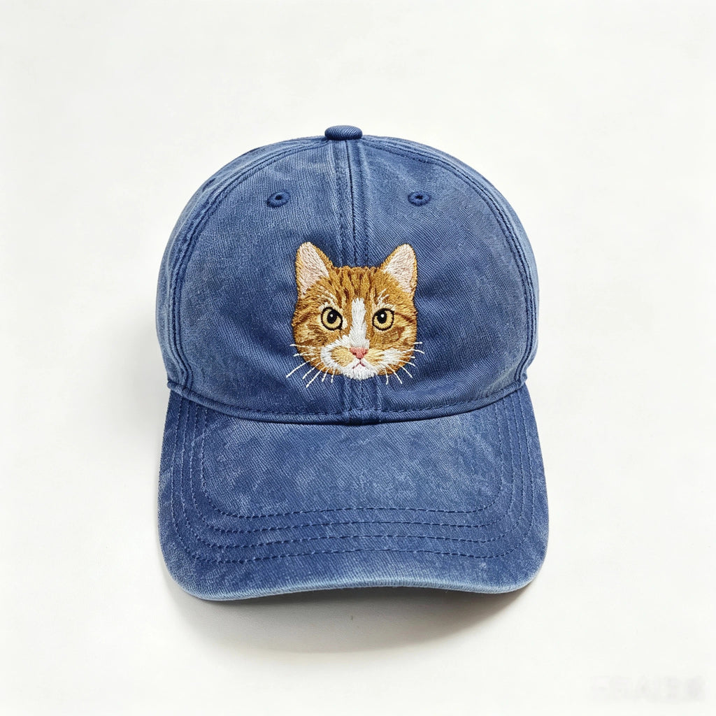 Washed Denim Baseball Cap: Minimalist Pet Embroidery Dad Hat, Hand-Stitched Pet Portrait, Take Your Furry Friend Everywhere!
