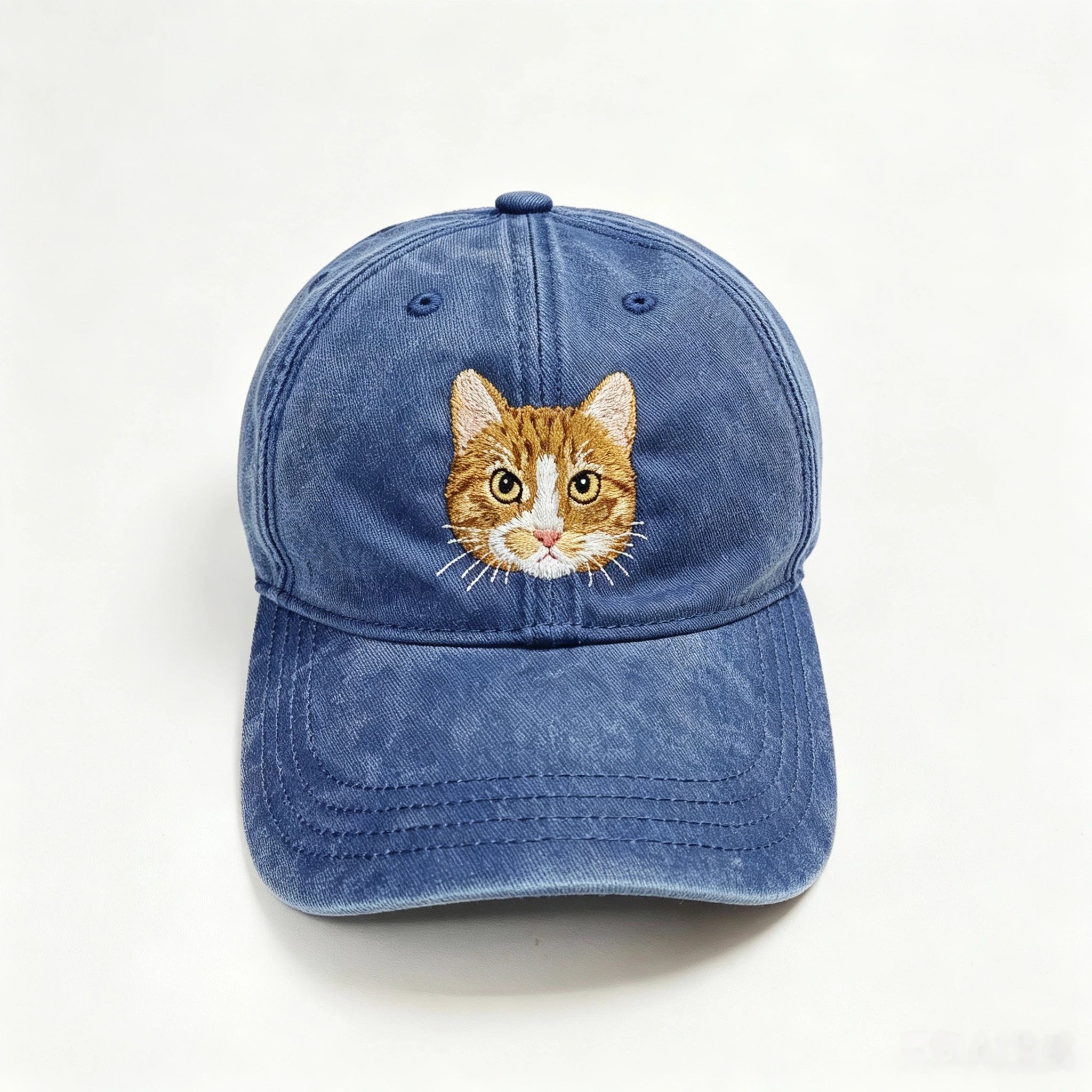 Washed Denim Baseball Cap: Minimalist Pet Embroidery Dad Hat, Hand-Stitched Pet Portrait, Take Your Furry Friend Everywhere!
