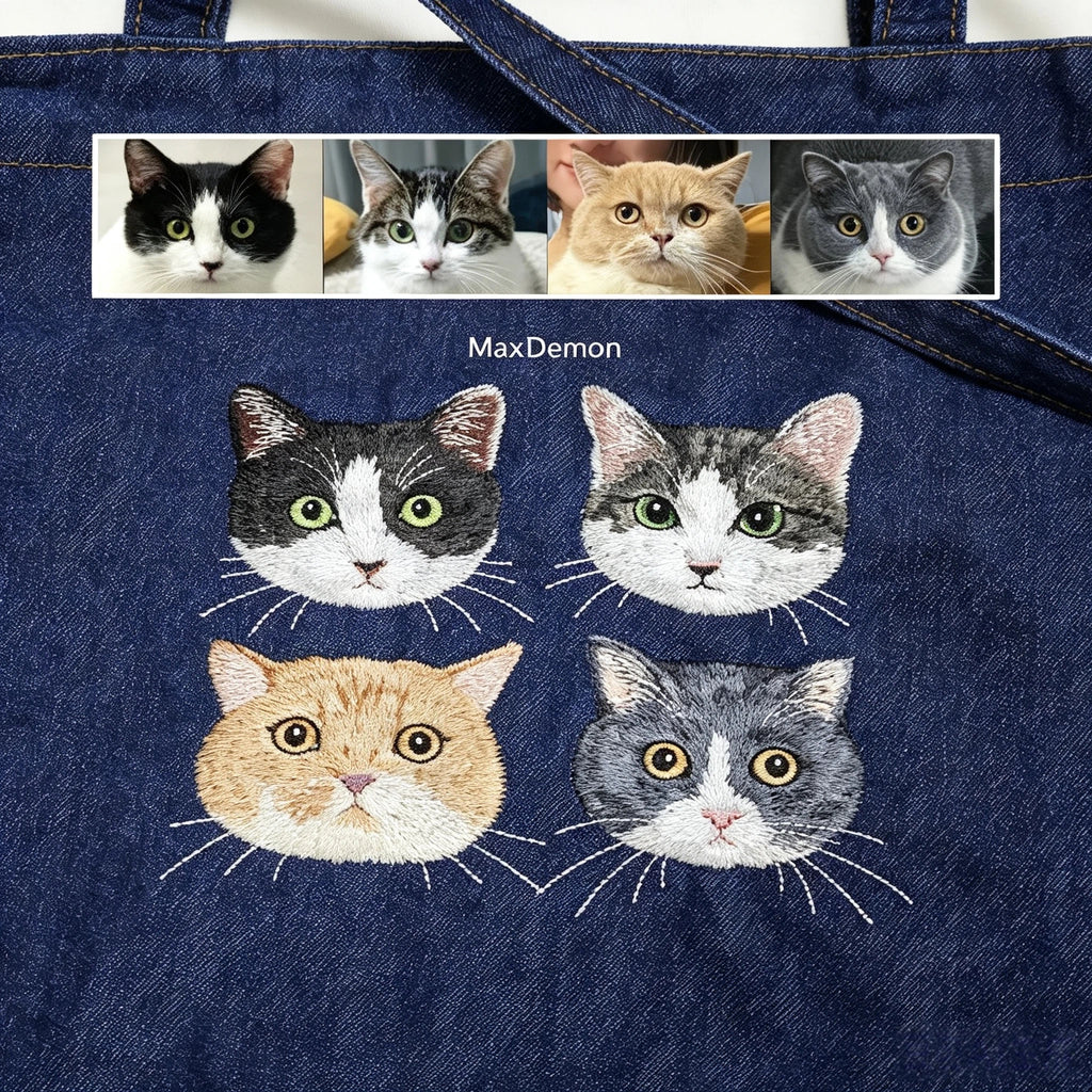 Custom Pet Portrait Denim Tote: Washed denim shoulder bag embroidered from your photo, perfect as an everyday pet memorial handbag.
