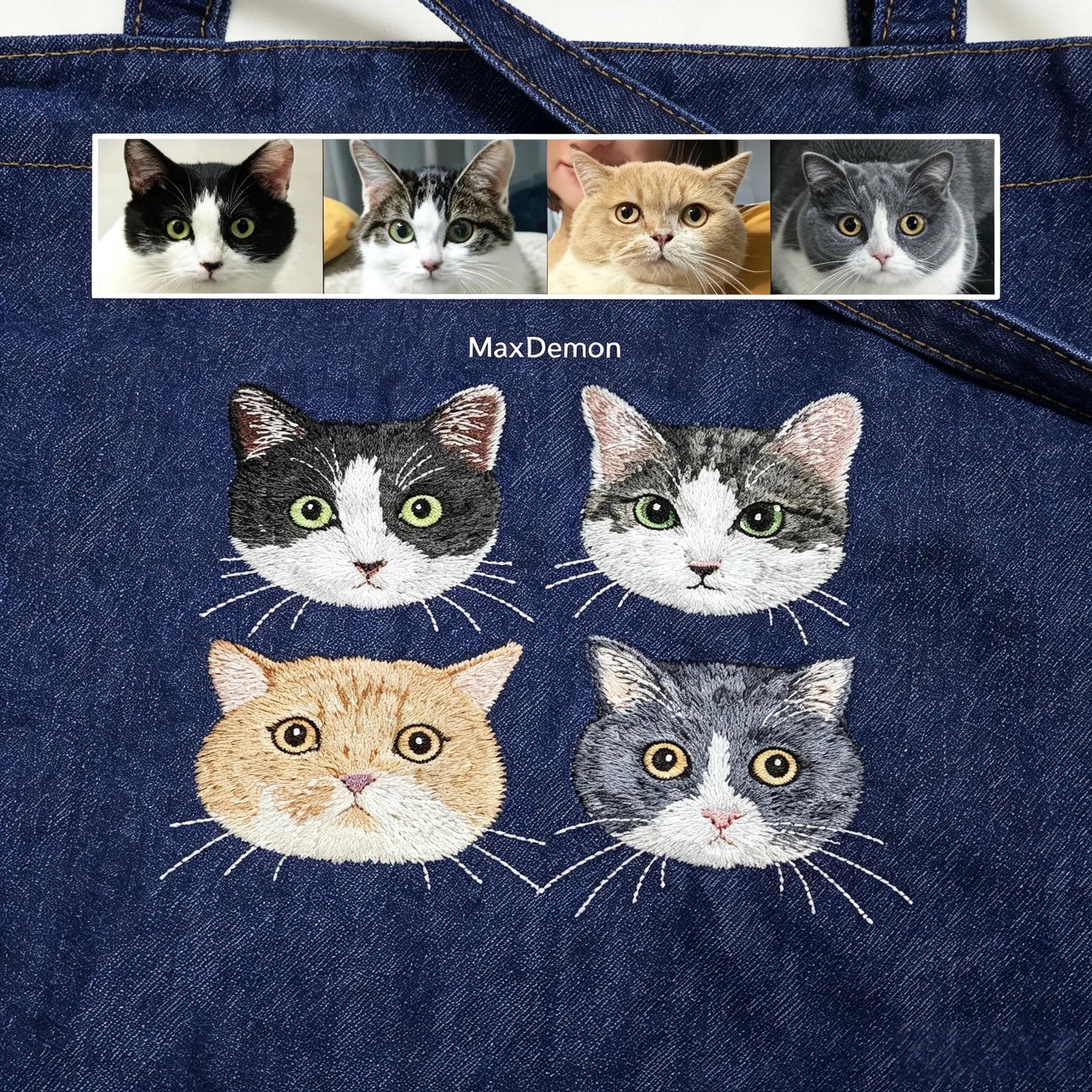 Custom Pet Portrait Denim Tote: Washed denim shoulder bag embroidered from your photo, perfect as an everyday pet memorial handbag.