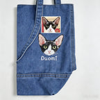 Custom Pet Portrait Denim Tote: Washed denim shoulder bag embroidered from your photo, perfect as an everyday pet memorial handbag.