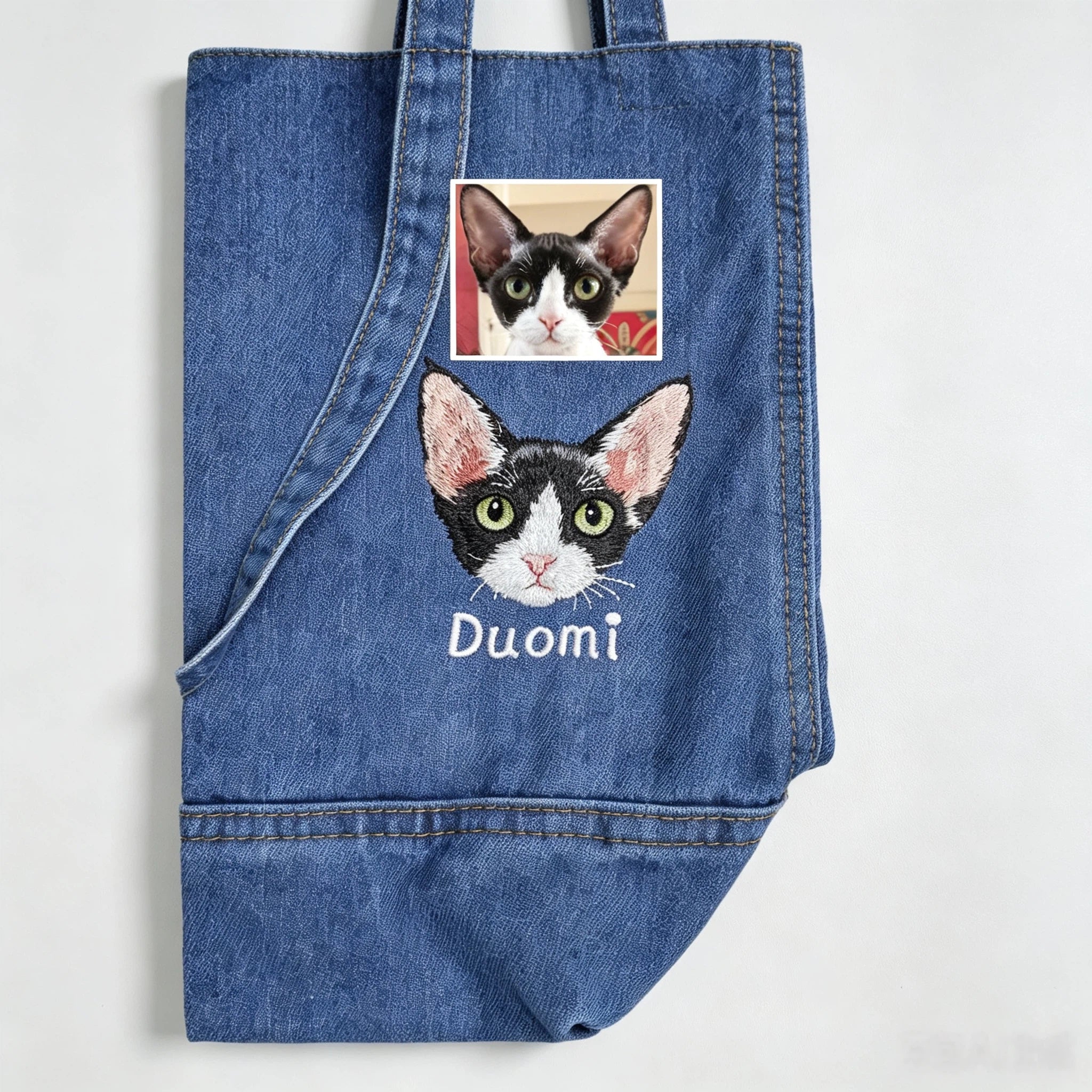 Custom Pet Portrait Denim Tote: Washed denim shoulder bag embroidered from your photo, perfect as an everyday pet memorial handbag.
