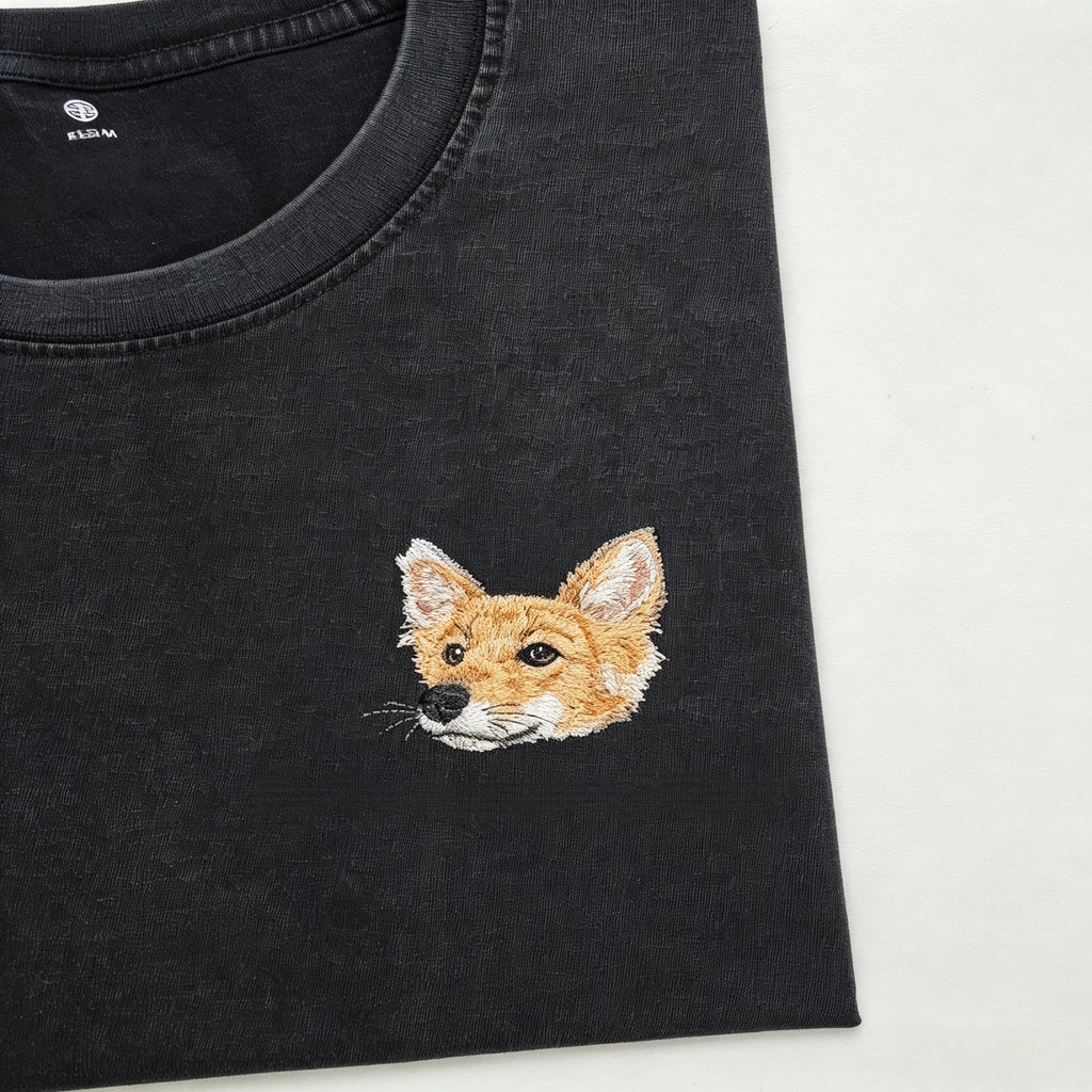 Drop shoulder T-shirt：Heartfelt Pure Cotton Short-Sleeve T-Shirt with Custom Pet Embroidery. Featuring exquisite, hand-stitched pet portraits, this is the perfect birthday or holiday gift for any pet lover.