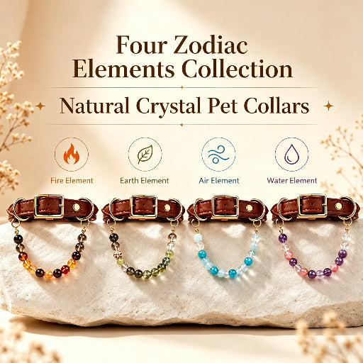 12 Zodiac Natural Crystal Pet Collar, Fire/Earth/Air/Water Element Healing Gemstone Leather Dog & Cat Collar, Aesthetic Crystal Beaded Neck Ring for Small to Medium Pets