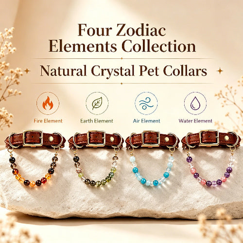 12 Zodiac Natural Crystal Pet Collar, Fire/Earth/Air/Water Element Healing Gemstone Leather Dog & Cat Collar, Aesthetic Crystal Beaded Neck Ring for Small to Medium Pets
