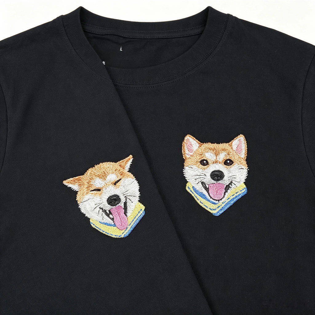 Classic Tee: Custom Pet Photo Embroidery Short Sleeve, Hand-Stitched Cat & Dog Portrait, 100% Cotton, Versatile Gift for Pet Lovers