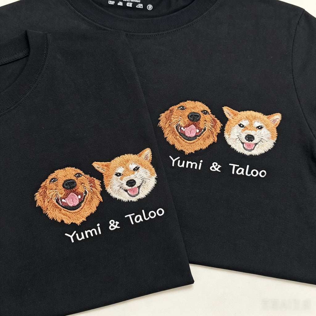 Classic Tee: Custom Pet Photo Embroidery Short Sleeve, Hand-Stitched Cat & Dog Portrait, 100% Cotton, Versatile Gift for Pet Lovers